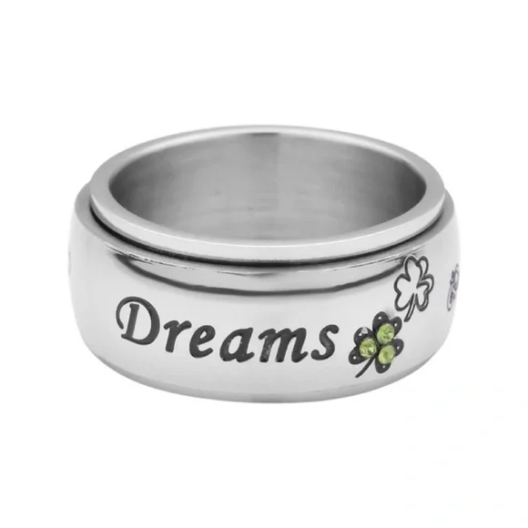 Green Austrian Crystal & Enameled Dreams Engraved Stainless Steel Spinner Ring - Picture 3 of 5